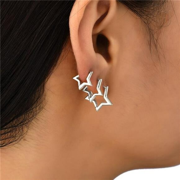 Silver Star Hoop Earrings Set Women Y2k Huggie Pentagram Statement Jewelry Gift - Picture 3 of 7